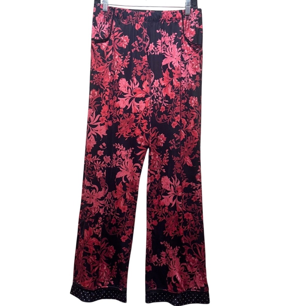 MAJAMAS EARTH Floral Pajama Pants Black Red Polka Dot Trim Lounge Sleep‎ M